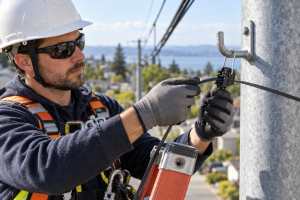FTTH drop cable tension clamp on a pole drive hook